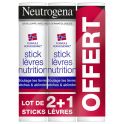 Neutrogena Stick Lèvres Nutrition Lot de 2 x 4,8g + 1 OFFERT - Nourrit, répare et protège les lèvres sèches