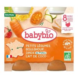 Babybio Plat infantile Petits Légumes Boulghour Dinde du Poitou Lait de coco 2 x 200 g - Repas bébé dès 8 mois