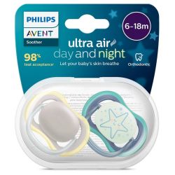 Philips Avent Ultra Air Day and Night Sucettes Orthodontiques en Silicone 6/18 Mois - 2 Sucettes