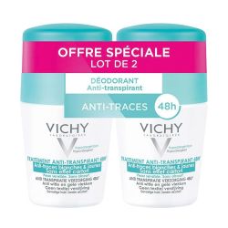 Vichy Déodorant Anti-Transpirant Anti-Traces Roll-On 48H - Lot de 2 x 50 ml - Protection Longue Durée Sans Traces