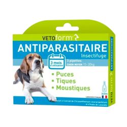 Vetoform Antiparasitaire Insectifuge - Chien Moyen 15-30kg - Boîte de 3 pipettes