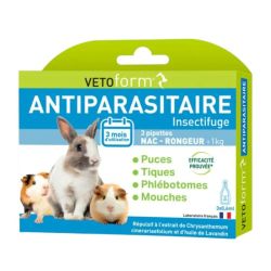 Vetoform Antiparasitaire NAC & rongeurs + 1Kg Puces, Tiques, Moustiques & Mouches - 3 Pipettes