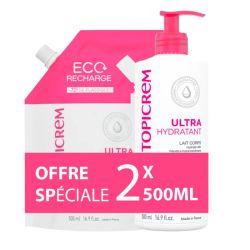 Topicrem Ultra-Hydratant Lait Corps 500ml + Recharge 500ml - Hydratation durable pour toute la famille