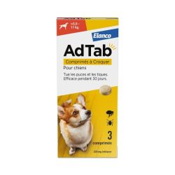 Elanco AdTab 225mg Chien 5,5–11 kg - 3 Comprimés à croquer - Contre les puces et les tiques, goût viande, 1 mois de protection