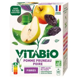 Vitabio Gourde de Fruits Pomme Pruneau et Poire Bio Sans Sucres Ajoutés - 4 x 100g