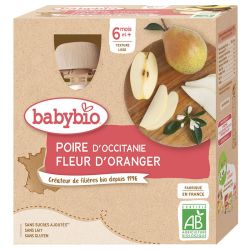 Babybio Gourdes Purée de Fruits Poire Fleur d'Oranger +6m Bio - 4 x 90g