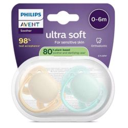 Philips Avent Pacifier Ultra Soft Sucettes Orthodontiques en Silicone 0-6 Mois - 2 Sucettes Jaune/Vert