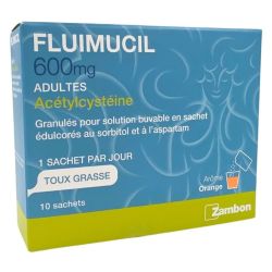 Fluimucil 600 mg Adultes Acétylcystéine Granulés pour solution buvable pour la toux grasse 10 sachets