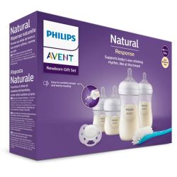 Avent Natural Coffret de Naissance Response - Kit Nouveau-Né - Biberons Verre + Sucette + Goupillon