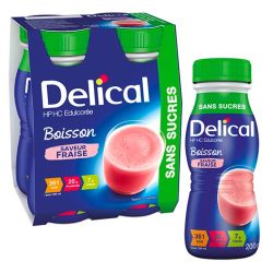 Delical Boisson HP/HC Édulcorée Sans Sucres - 4 x 200ml - Saveur Fraise - Apport nutritionnel renforcé
