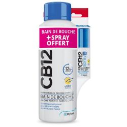 CB12 Bain de Bouche Haleine Fraiche Menthe 500ml + Spray Buccal Sans Alcool Menthe 15ml Offert
