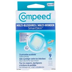 Compeed Multi-Blessures SmartSkin Large 9 Pansements 50x50 mm - Cicatrisation accélérée et protection imperméable