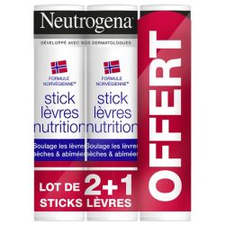 Neutrogena Stick Lèvres Nutrition Lot de 2 x 4,8g + 1 OFFERT - Nourrit, répare et protège les lèvres sèches