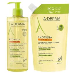 A-derma Exomega Control Huile Lavante Emolliente Anti-Grattage 500ml + Eco Recharge 500ml
