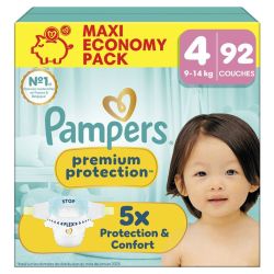 Pampers Premium Protection Taille 4 de 9 à 14kg - Maxi Pack 92 Couches – Confort et protection