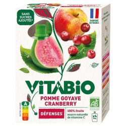 Vitabio Gourde de Fruits Pomme Goyave et Cranberry Bio Sans Sucres Ajoutés - 4 x 100g