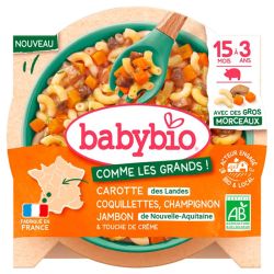 Babybio Carottes Coquillettes Champignon Jambon Bio - 200 ml - De 15 Mois à 3 Ans
