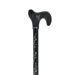 Cannes Fayet Canne de Marche Réglable Alu Noir Motif Floral 3D Poignée en Bois Noir