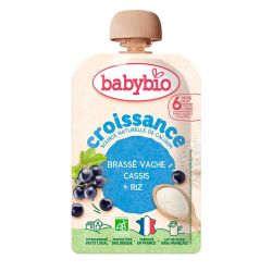 Babybio Brassé Croissance Gourde Brassé Vache Bio - 100g - Saveur Cassis + Riz - 6 Mois et Plus