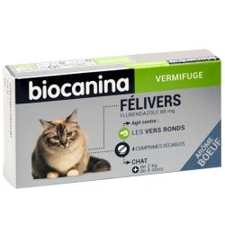 Biocanina Felivers 4 Comprimés - Vermifuge pour chats, contre les vers ronds, arôme boeuf
