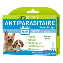 Vetoform Antiparasitaire pour Chien & Chiot - Moins de 15Kg - 3 pipettes - Protège contre puces, tiques et moustiques
