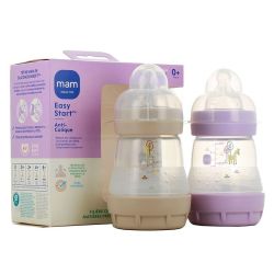 Mam Easy Start Lot de 2 Biberons Anti Colique - Débit Lent - Âge 0+ - 2x160ml - Couleur : Sable + Lilas