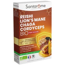Santarome Reishi Lion's Mane Chaga Cordyceps Bio 10 Ampoules – Immunité et vitalité
