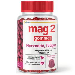 Mag2 Gommes Framboise, Complément alimentaire - Réduit nervosité et fatigue, boîte de 45 gommes