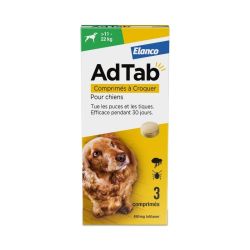 Elanco AdTab 450mg Chien 11–22 kg - 3 Comprimés à croquer - Contre les puces et les tiques, goût viande, 1 mois de protection