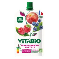 Vitabio Gourde de Fruits Pomme Framboise et Myrtille Bio Sans Sucres Ajoutés - 100g