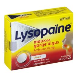 Lysopaïne Ambroxol citron sans sucre 18 pastilles