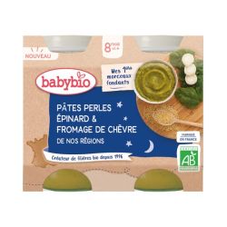Babybio Bonne Nuit Petit Pot Pâtes Perles Epinard Fromage de Chèvre 8 mois - 2 x 200g