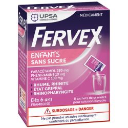 Fervex Rhume Enfant Sans Sucres Arôme Framboise - 8 Sachets de granulés pour solution buvable