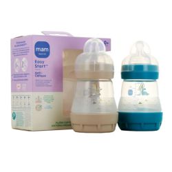 Mam Easy Start Lot de 2 Biberons Anti Colique - Débit Lent - Âge 0+ - 2x160ml - Couleur : Sable + Océan