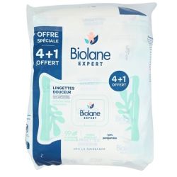 Biolane Expert Lingettes Douceur Non Parfumées à l'aloe vera apaisante Offre Spéciale 4+1 Offert - Nettoie et protège la peau de bébé dès la naissance