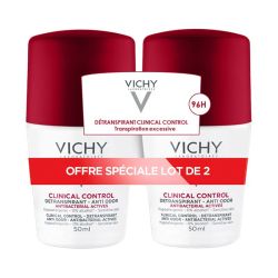 Vichy Clinical Control Roll-On  96H - Lot de 2 x 50 ml - Détranspirant Anti-Odeur Peaux Sensibles