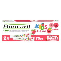 Fluocaril Dentifrice Kids 0-6 ans Gel fraise Bi-Fluoré 100mg lot de 2x75ml - Renforcement de l'émail et protection contre les caries