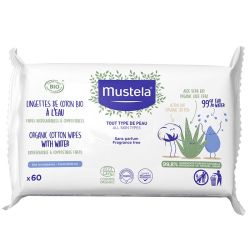 Mustela Lingettes de coton Bio à l'Eau - 60 lingettes - Nettoient et hydratent dès la naissance