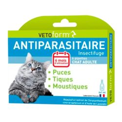 Vetoform Pipettes Antiparasitaire - Chat Adulte - Puces, Tiques, Moustiques - 6x1ml