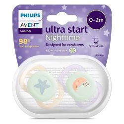 Avent Ultra Start Nuit - Sucettes Orthodontiques - 0/2 mois - Lot de 2 sucettes - Coloris Aléatoire