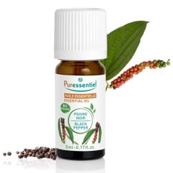 Puressentiel Huile Essentielle Poivre Noir Bio 5 ml – Stimule la digestion, tonifie l'organisme et soulage les muscles
