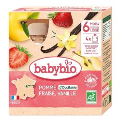 Babybio Pomme Fraise Vanille 6 Mois et + Bio - 4 Gourdes de 90 g