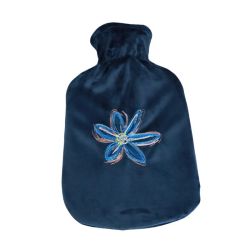 Soframar Fashy Bouillotte à Eau Déhoussable Velours Bleu Foncé Brodé Fleur