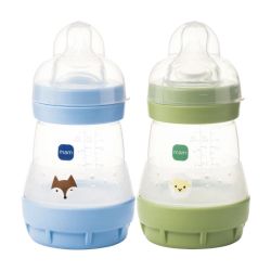 Mam Easy Start Lot de 2 Biberons Anti Colique - Débit Lent - Âge 0+ - 2x160ml - Décor : Renard + Mouton