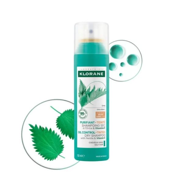 Klorane Shampoing Sec Purifiant Teinté à l'Ortie et Vitamine E 150ml - Purifie et nettoie instantanément les cheveux gras bruns sans eau