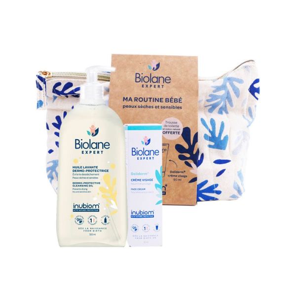 Biolane Expert Trousse Ma Routine Bébé - Peaux Sèches & Sensibles - Huile Lavante 500ml + Crème Visage 50ml