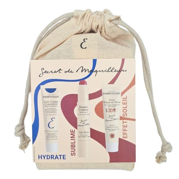 Embryolisse Pochon Beauté Lait-Crème Concentré Baume Couleur & Soin Blush de Peau Coffret - Routine hydratante, illuminatrice et bonne mine