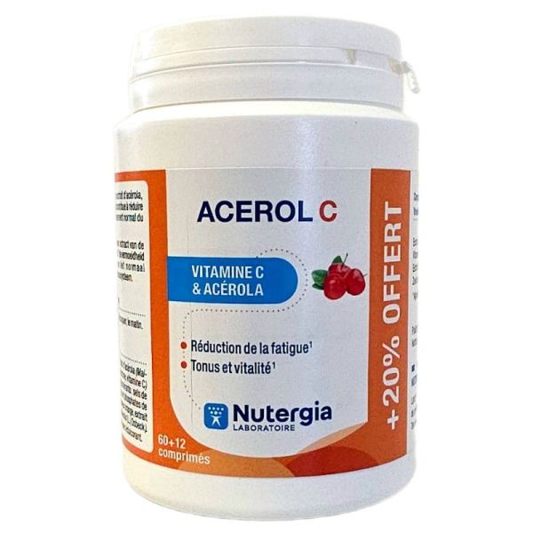 Nutergia Acerol C - Défenses Immunitaires, Lutte contre la Fatigue - 60 comprimés + 12 offerts