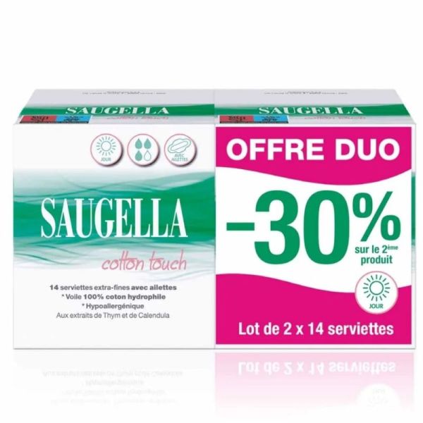 Saugella Cotton Touch Serviettes Hygiéniques Extra‑Fines Jour - 2 x 14 Serviettes