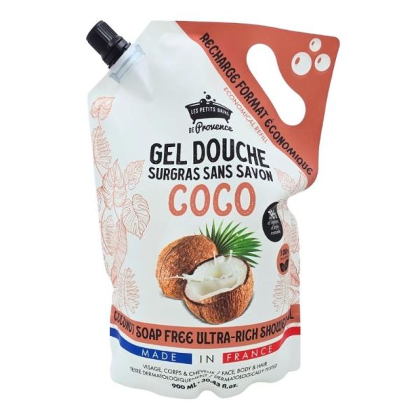 Les Petits Bains de Provence Gel Douche Surgras Sans Savon Coco Recharge 900 ml – hygiène et douceur visage corps cheveux